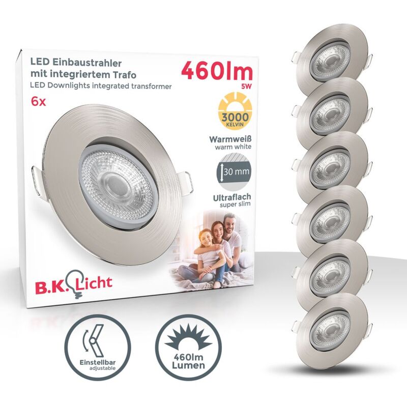 B.k.licht - Einbaustrahler 68mm 6er Set - 230V, 4,9W, 480lm, led, warmweiß, matt-nickel
