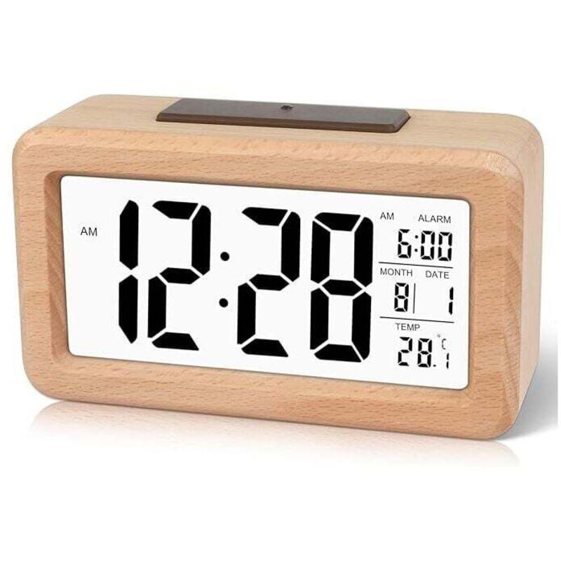 Einfach einzustellender digitaler Wecker aus Holz mit Temperatur, digitaler Wecker, Datum, Hintergrundbeleuchtung, Schlummerfunktion, für