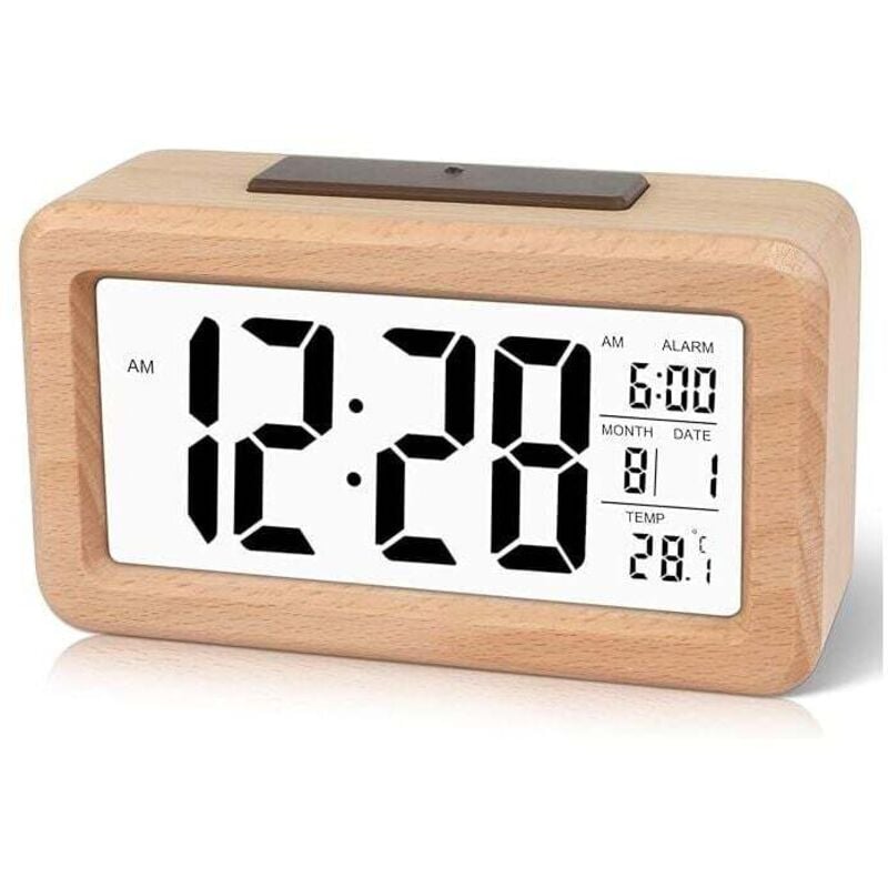 Einfach einzustellender digitaler Wecker aus Holz mit Temperatur, digitaler Wecker, Datum, Hintergrundbeleuchtung, Schlummerfunktion, für