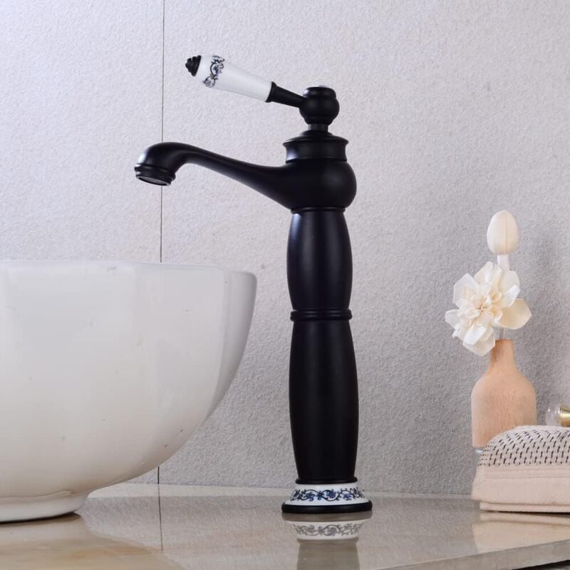 Einhebel-Wasserhahn – 32 cm – Retro-Stil – Messing – Badezimmer-Wasserhahn – Waschbecken-Wasserhahn – Warm- und Kaltwasser – Schwarz