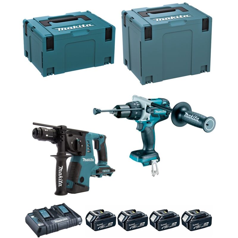 Makita - Set aus 2 Maschinen 18 v Li-Ion 5 Ah Perfo DHR264 + Bohrmaschine DHP481 - 2 Batterien, Ladegerät, Koffer - DLX2101PTJ