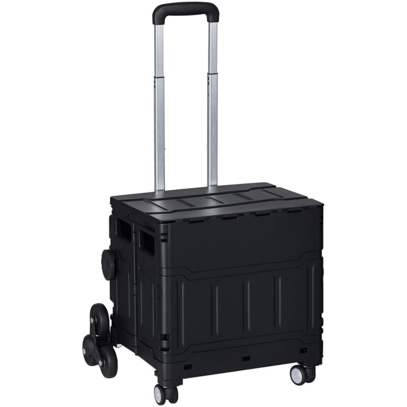 Einkaufstrolley Klappbar, Einkaufswagen mit Verstellbarem Teleskop-Griff, Treppensteiger mit Deckel, Transportwagen bis 80 kg Tragbar, Schwarz