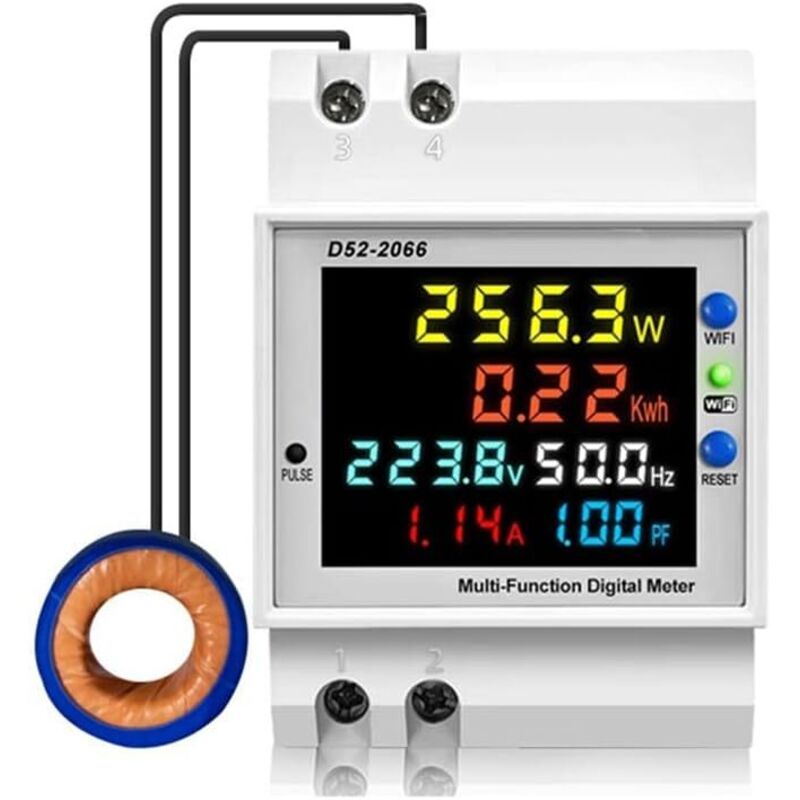 Einphasen-WLAN-Energiezähler, 6-in-1-Stromzähler, Wattmeter, WLAN-LCD-Display, Digitalvoltmeter, Amperemeter für DIN-Schiene, kWh-Zähler, AC 40–300