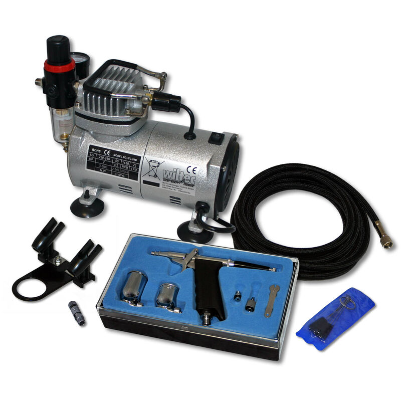 Wiltec Einsteiger Airbrush Kompressor Set AS18-2 mit 1 Airbrushpistole Typ 116 und umfangreichem Zubehör, Drucktank, für Modellbau, Tattoos, Nailart
