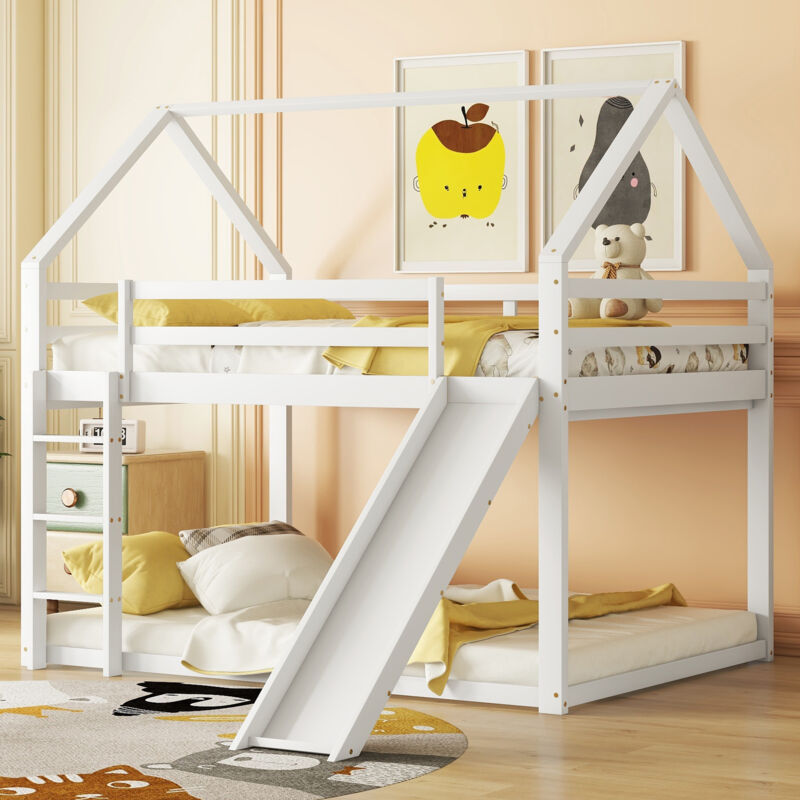 Doppelbett, Kinderbett, Etagenbett mit Rutsche und Leiter, Kinderzimmer Doppel-Hochbett, weiß, 140 x 200 cm