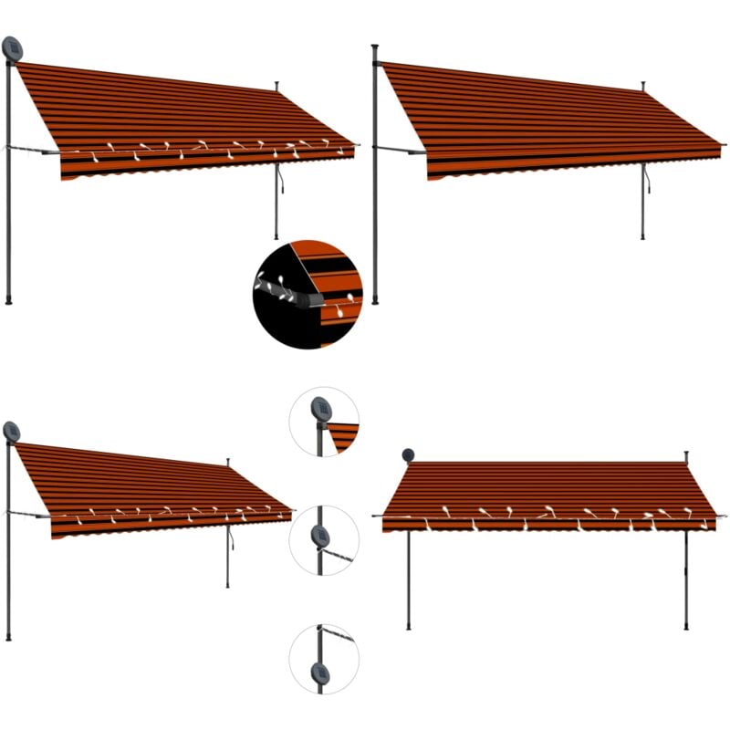 Einziehbare Markise Handbetrieben mit led 350 cm Orange Braun - Markise - Sonnenschutz - Outdoor Möbel - Gartendekoration - Terrassenüberdachung