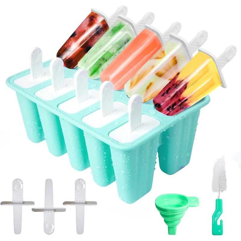 Eiscremeform mit 10 Mulden, mit Eisstiel, Bürsten und faltbaren Trichtern, Silikon-Eiscremeform für Speiseeis, BPA-frei (Grün)
