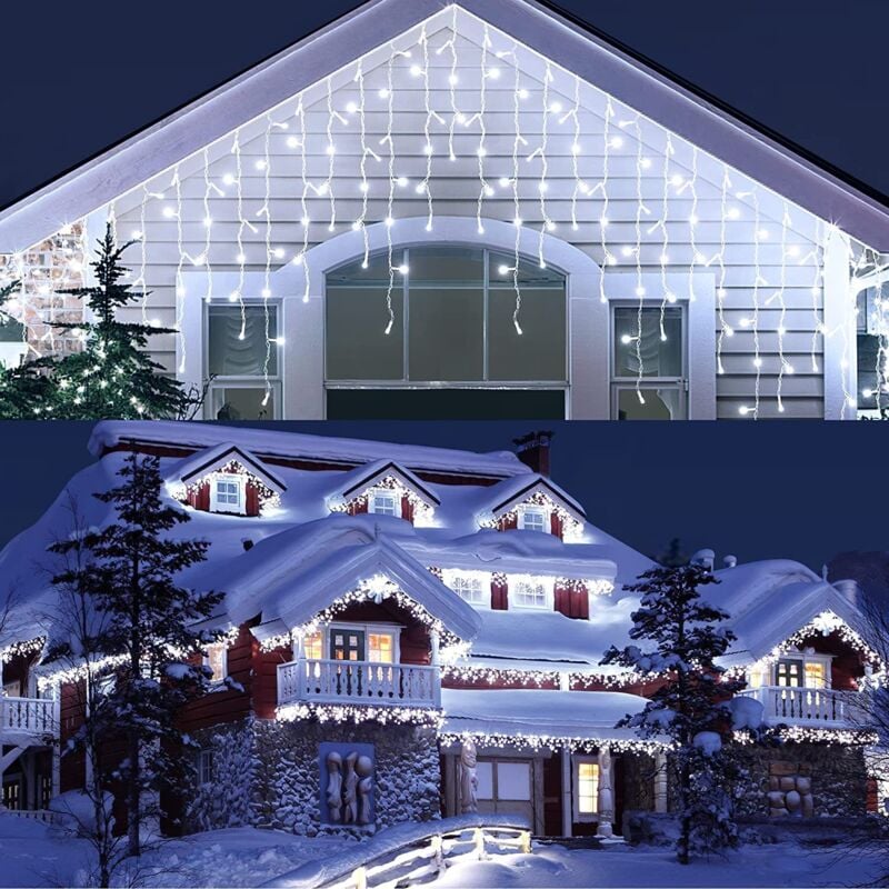 Eisregen Lichterkette Außen 10M 400 led Weiß Lichtervorhang Weihnachtsbeleuchtung 8 Modi, Wasserdicht Eiszapfen Lichterkette für Balkon Geländer