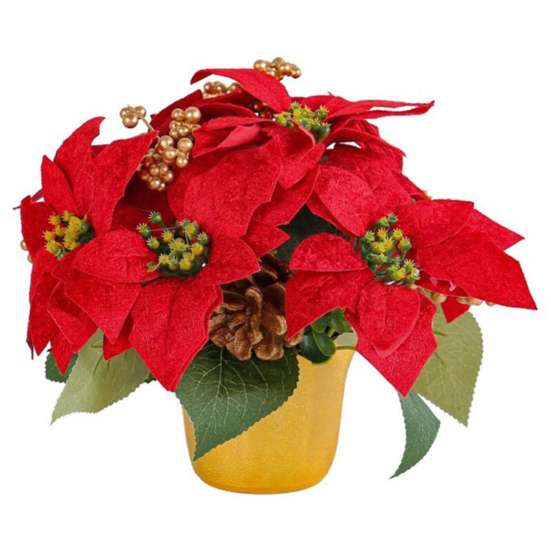 1 rote 7-köpfige Weihnachts-Topfpflanze (Topf aus Kunststoff, Blumen aus Samtstoff), Desktop-Ornamente, simulierte Blumen, Restaurant-Bar,