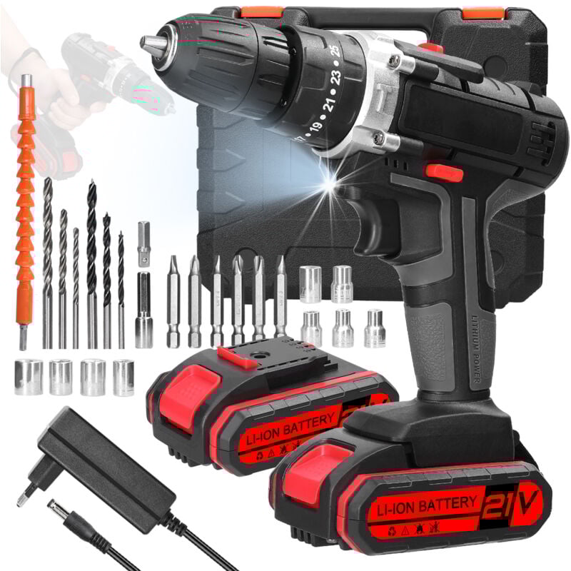 21V Akku-Bohrschrauber, Akkuschrauber mit 2 Akkus, 25 Drehmomenteinstellungen, mit 3 Funktionen, 2 Geschwindigkeiten, led, für Heimwerker - Ej.life