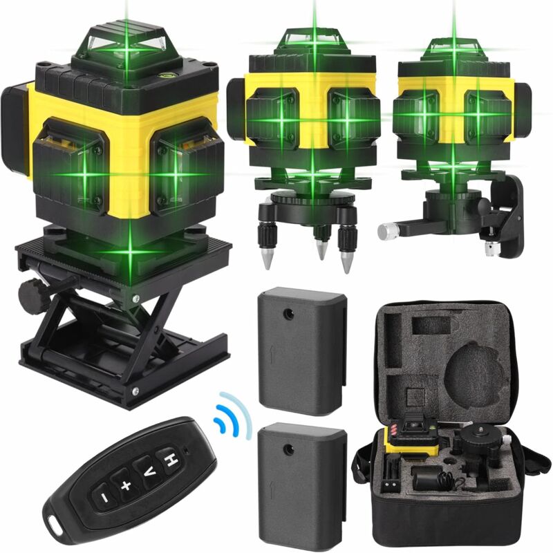 Ej.Life 360° 4D Laser Level 16 Linien, selbstnivellierender grüner Laser Level mit 2x1200 mAh wiederaufladbaren Lithiumbatterien, Ladegerät, Basis,