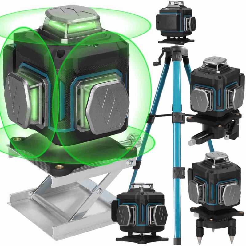 Ej.life - 4 x 360°-Laser-Wasserwaage, selbstnivellierende 16-Linien-3D-Laser-Wasserwaage, 2400 mAh x 2 Batterien, grüne Laser-Wasserwaage, wasser