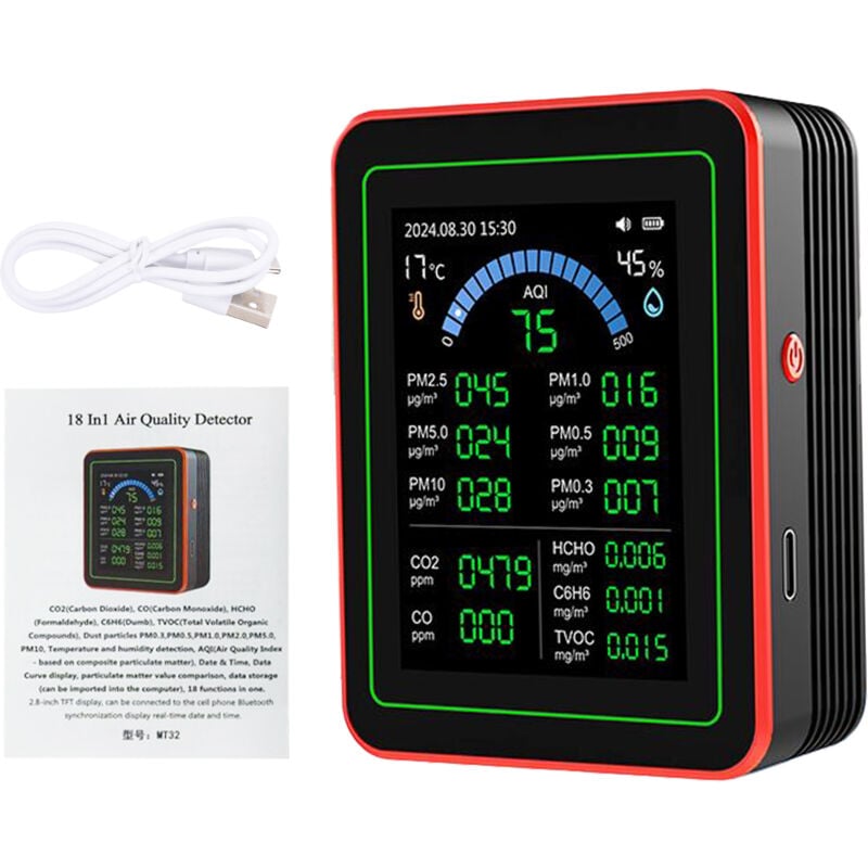 Ej.Life CO2-Monitor, 18-in-1-Messgeräte für die Luftqualität in Innenräumen, tragbarer Kohlendioxid-Detektor, CO2-TVOC-HCHO-PM2.5-PM10-Tester für