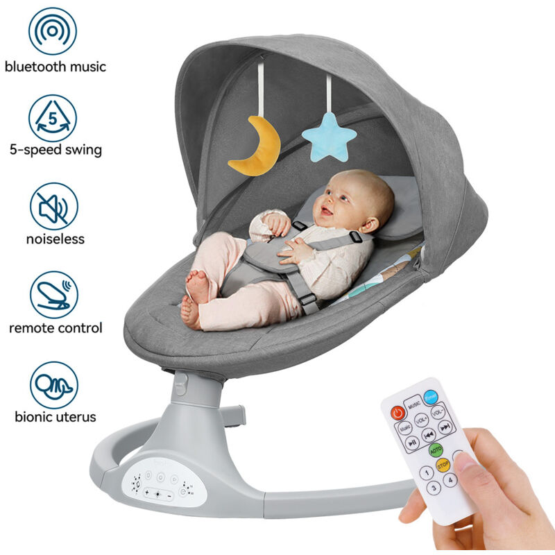 elektrisch Babywippe,5 Gang Babyschaukel bluetooth Musik mit Moskitonetz 0-12 Monat max. 9kg, Grau