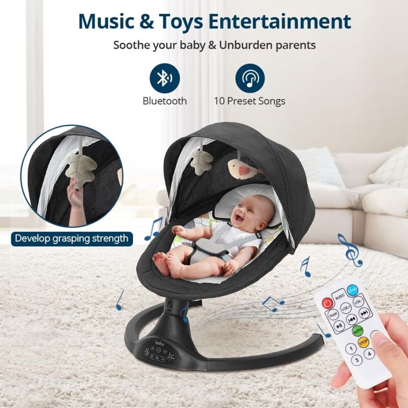 elektrisch Babywippe,5 Gang Babyschaukel bluetooth Musik mit Moskitonetz 0-12 Monat max. 9kg, Schwarz