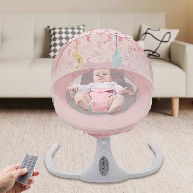 Gojoy - Elektrische Babywippe, Sichere Babywippe mit 3-Punkt-Gurt, für Baby 0-18 kg, Faltbar, mit Bluetooth und Fernbedienung, Rosa