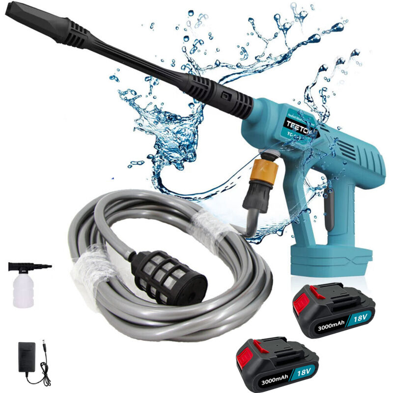 Elektrische Hochdruckreiniger, Akku-Auto-Hochdruckreiniger, Akku-Wasserwaschpistole + 2 Akkus 3000mAh+ Ladegerät, kompatibel mit 18-V-Akku von Makita