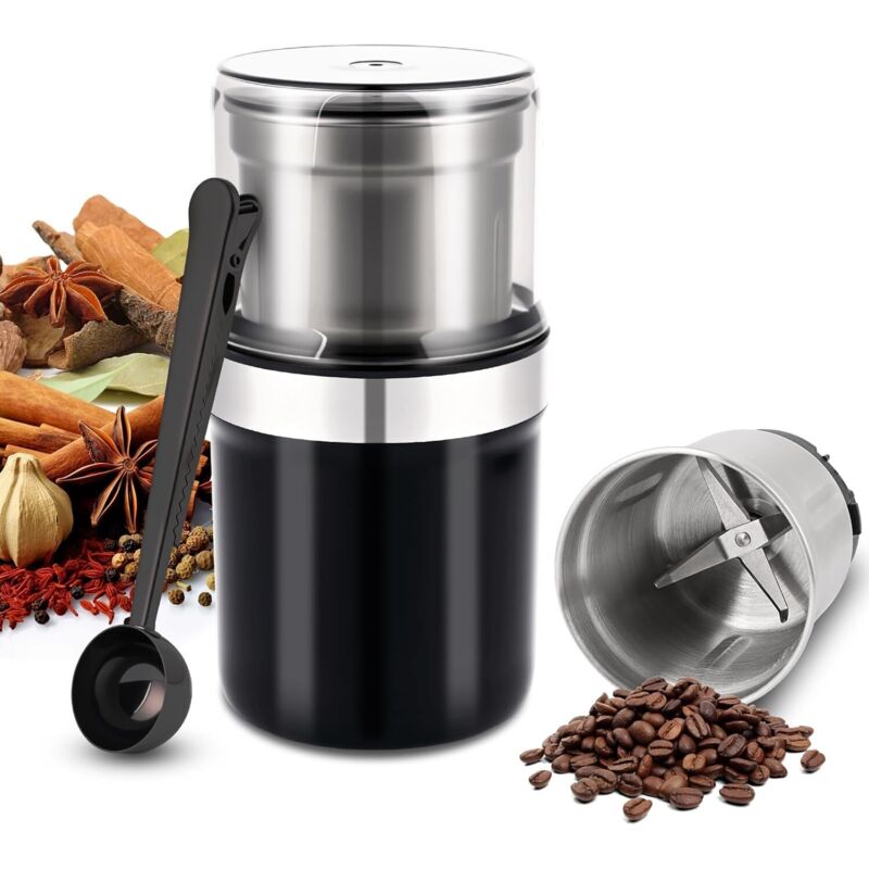 Elektrische Kaffeemühle (200 W), Gewürzmühle mit abnehmbarem Behälter und Edelstahlklinge, 100-g-Bohnenbehälter für Getreide, Gewürze, Nüsse, Pfeffer