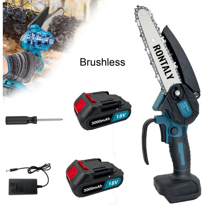 Elektrische Kettensägen, 6-Zoll-Mini-Akku-Bürstenlose Kettensäge, tragbare Kettensäge zum Astschneiden, + 2 x 3,0-A-Akkus + Ladegerät, kompatibel mit