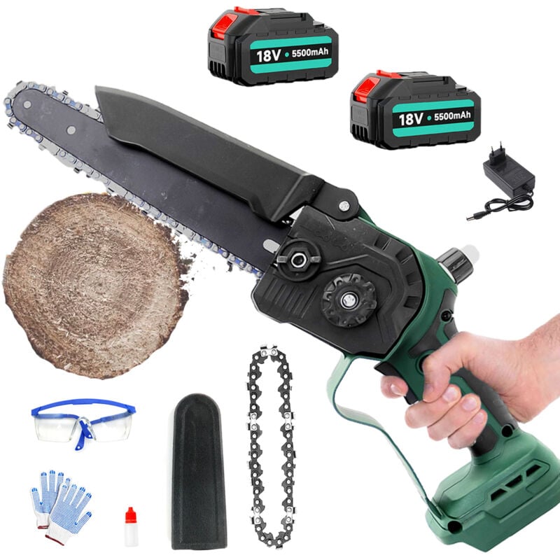 Elektrische Kettensägen, 8-Zoll-Akku-Kettensäge ohne Bürsten, Einhand-Mini-Kettensäge, Holzschneider, Gartenschere, mit 2 Ketten + 2 x 5500 mAh Akku