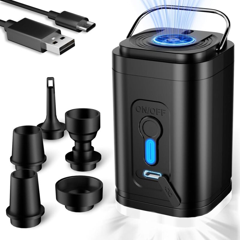 Elektrische Mini Luftpumpe mit LED Campinglampe – Akku-Pumpe mit 5 Düsen & USB-C Bis zu 15 Anwendungen oder 18 Min Laufzeit Für Luftmatratze,