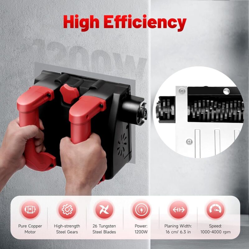 Elektrische Power Schaufel Wand Maschine, 1200W Tapetenentferner Maschine 1000-4000u/min Elektrische Wandhobelmaschine Einstellbare Tiefe 0.04-0.16
