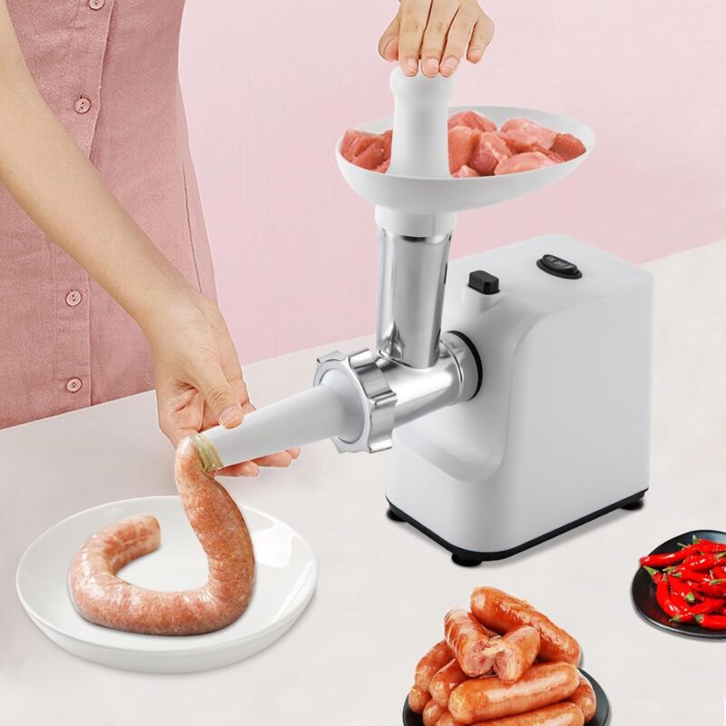 Elektrischer Fleischwolf Hackfleisch Maschine Wurstausfatz Vielseitig Meat Grinder Wurstfüller mit 3 Edelstahlplatten und Wurst Stuffer Tube Weiß