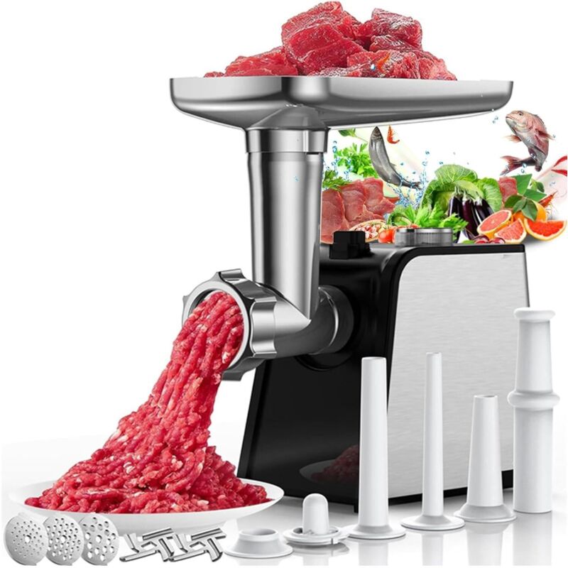Elektrischer Fleischwolf mit Wurstfüller, 3-in-1 Edelstahl, elektrischer Fleischwolf und Wurstmaschine mit 3 Wurstfüllrohren, 2 Fleischformen, 2