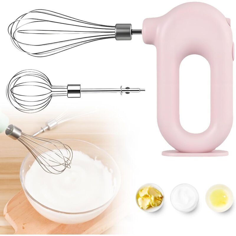 Elektrischer Handmixer: Leistungsstarker, pinkfarbener 4-Gang-Handmixer, kabelloser Handmixer mit 2 Edelstahl-Rührbesen, kabelloser elektrischer