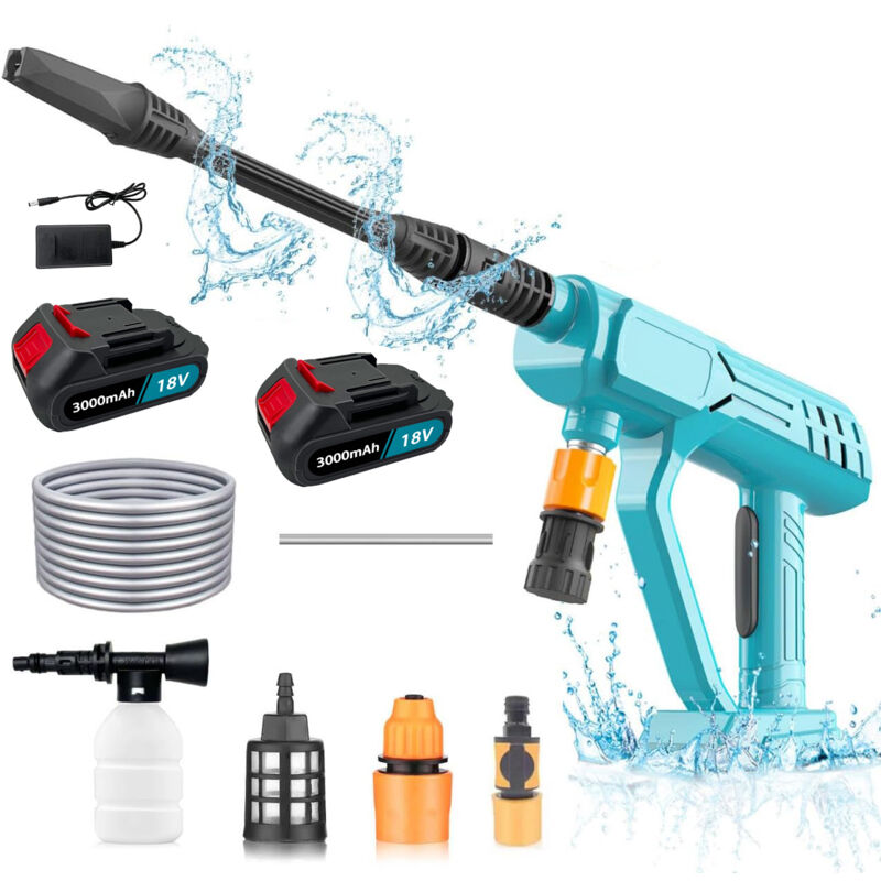 Elektrischer Hochdruckreiniger, kabelloser Hochleistungs-Hochdruckreiniger, Jet-Wash-Auto-Reinigungspistole,+ 2 Akkus 3000mAh + Ladegerät,Kompatibel