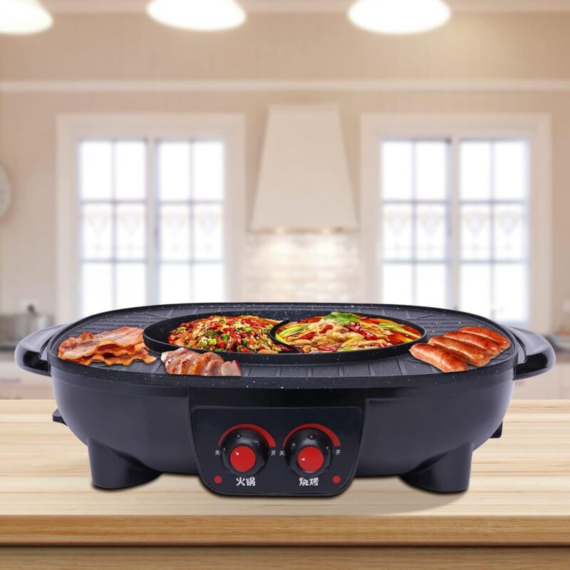 Elektrischer Hot Pot und Grillplatte 2 in 1, elektrischer BBQ-Hot Pot mit großer Kapazität, doppelte Temperaturregelung, geteiltes Design, leicht zu