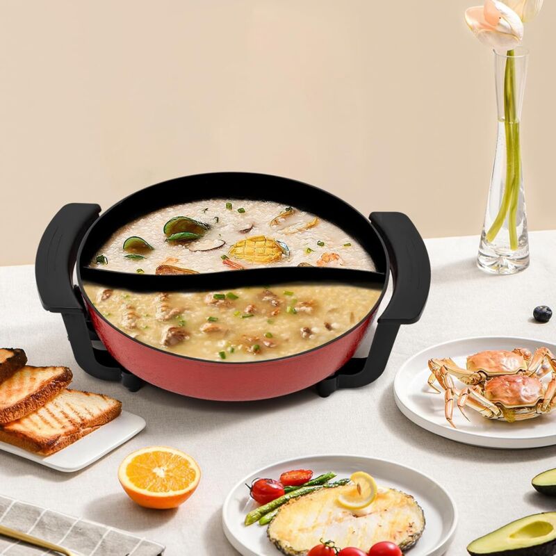 Elektrischer Kochtopf, 1360W 220V Hotpot Topf mit Teiler & Glas-Deckel, 6L Hot Pot Fondue Chinesischer Kochtopf mit 5-Stufig Einstellbare Temperatur,