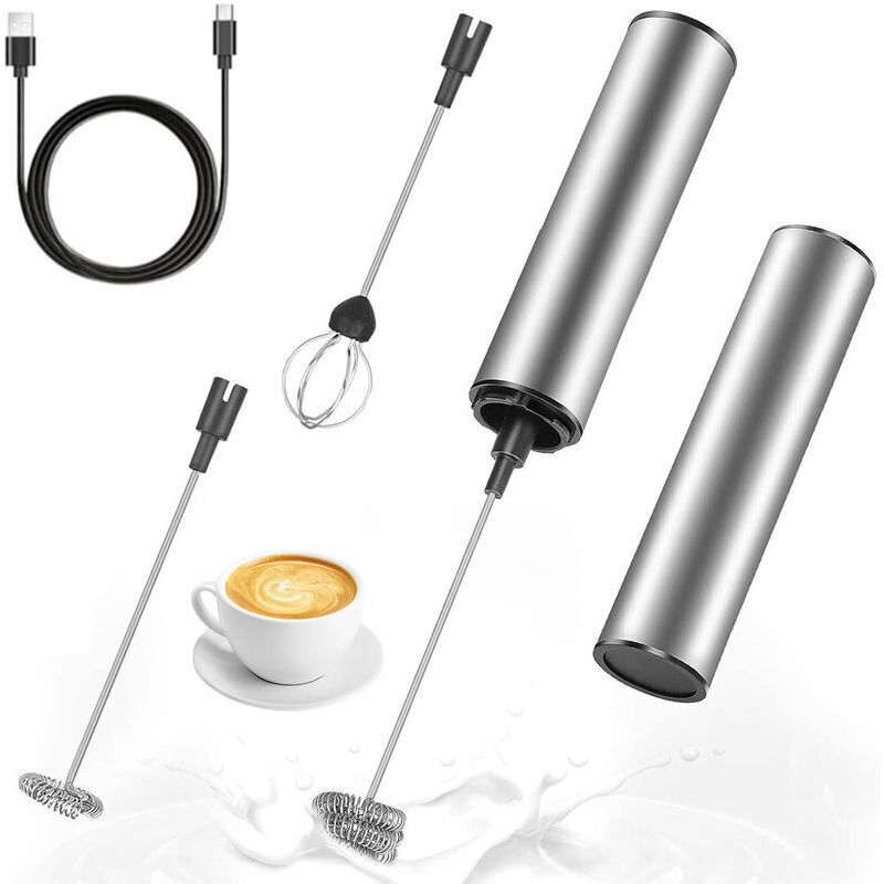 Elektrischer Milchaufschäumer, USB-aufladbarer Milchaufschäumer und Mini-Mixer mit Doppelrührkopf, Edelstahl-Mixer für Kaffee, Sahne, Cappuccino,