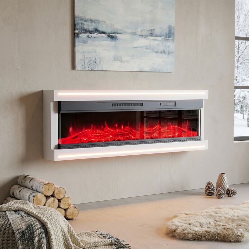 Elektrischer Wandkamin 50', realistischer Flammeneffekt 12 Farben & LED-Ambiente, Heizung 750W/1500W, Fernbedienung & Timer, Skandi-Stil(50', Weiß)