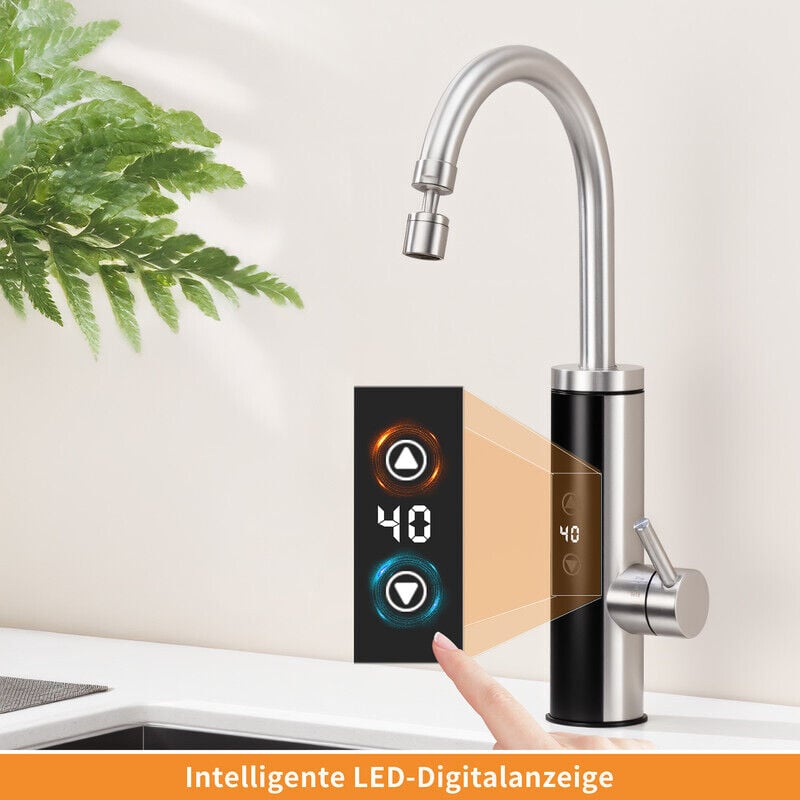 Elektrischer Wasserhahn mit Durchlauferhitzer 230V, Wasserhahn Küche mit Touch-Temperaturregler & LED-Display, Anti-Spritz Edelstahl Küchenarmatur,