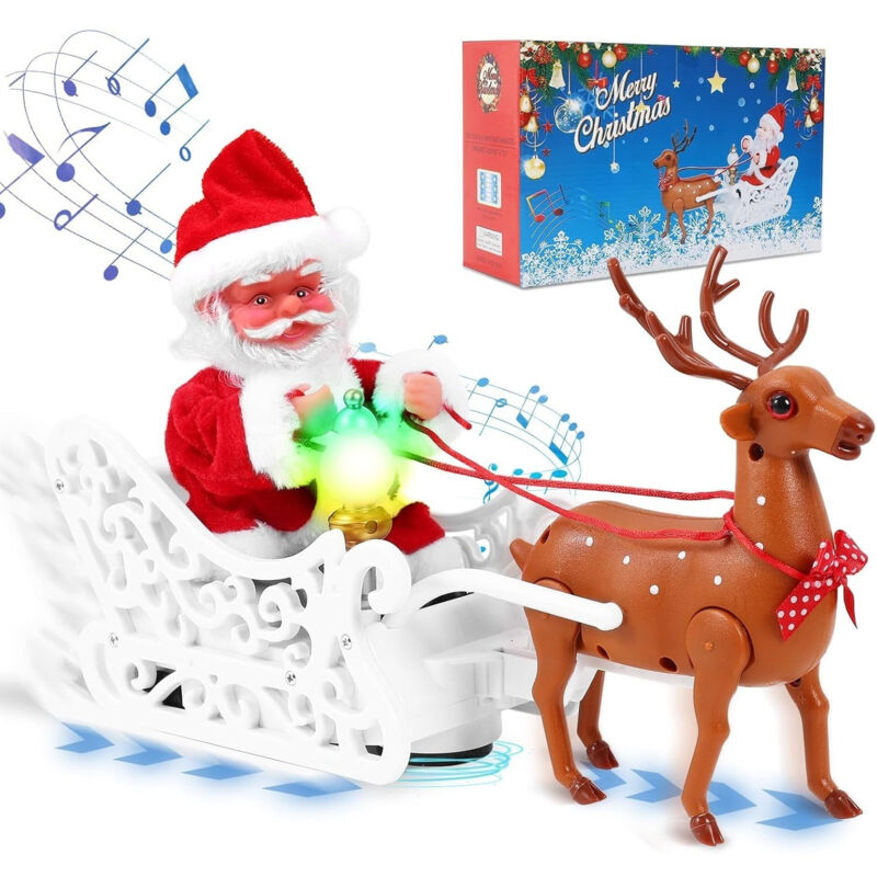 Elektrischer Weihnachtsmann mit Rentieren und Schlitten, singende und tanzende Spielzeuge mit „Jingle Bell Rock“, Weihnachtsdekoration mit Musik und