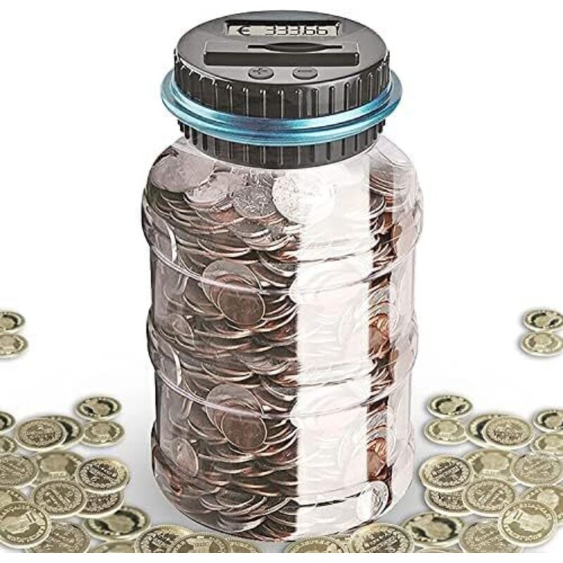 Elektronische Spardose, digitaler Euro-Zähler für Kinder und Erwachsene, automatischer Geldschein- und Münzzähler mit Aufklebern, transparente