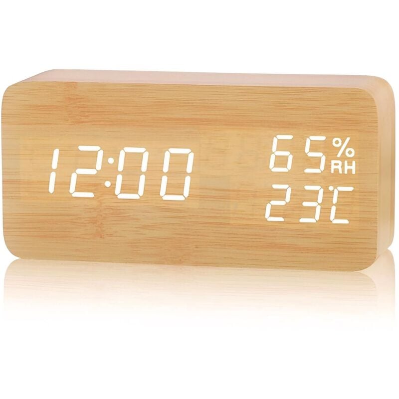 Elektronischer LED-Wecker aus Holz, Digitaluhr mit 3 Alarmeinstellungen, USB-betriebener digitaler Wecker mit Anzeige von Zeit, Temperatur und