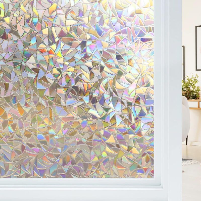 Elektrostatische Fensterfolie mit Regenbogeneffekt, Sichtschutz, dekorative 3D-Fensterfolie, UV-Schutz, Verdunkelungsfolie, ideal für Schlafzimmer,