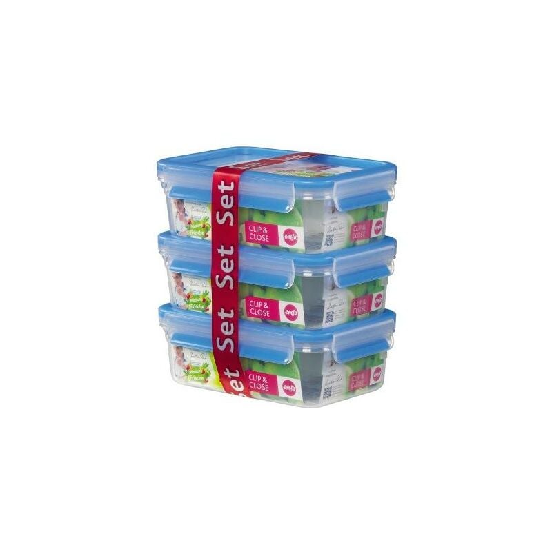 Emsa - Vorratsdose clip & close 13,6 x 7,2 x 19,7 cm (b x h x l) 1l spülmaschinenfest Kunststoff transparent 3 St./Pack.