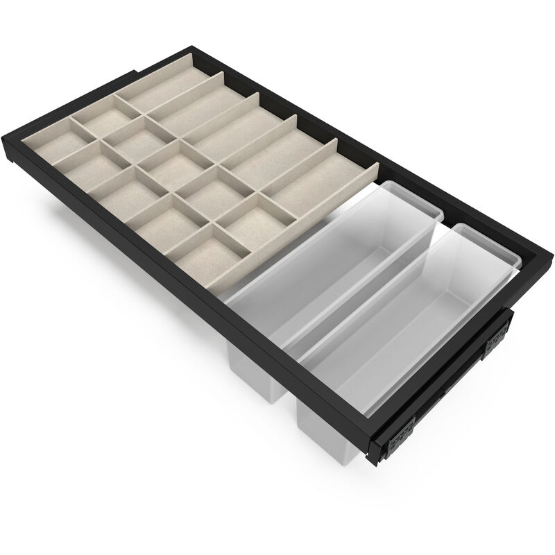 Set aus Organiser Schubladenset, Hilfsablage und Soft-Close-Führungsrahmen für Kleiderschränke, verstellbar, Modul 900mm, Schwarz strukturiert - Emuca