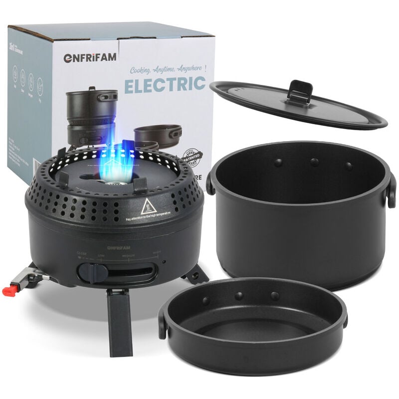 Enfrifam Topf-Set Campingkocher, Gaskocher Outdoor Kochgeschirr, Tragbar Reisekocher , Aluminium.Kombiniere 700W Elektrische & 2200W Gas, 1 flammig,