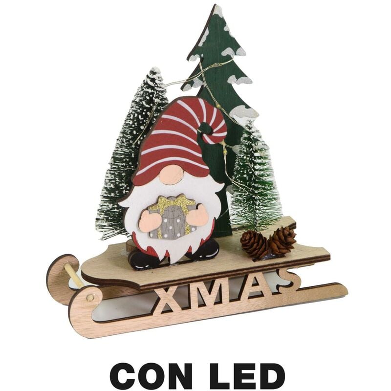 Holzzwerg auf rotem LED-Schlitten cm18x7h18,5