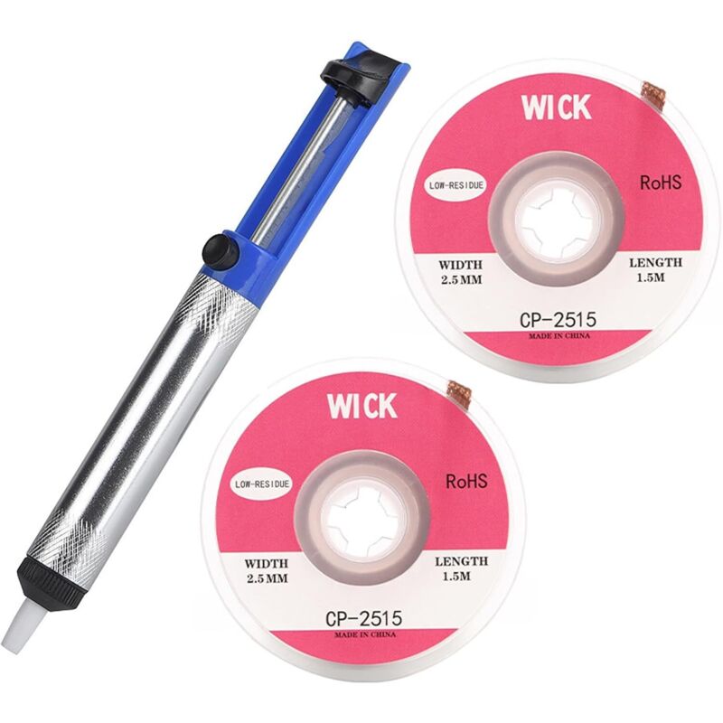 Entlötpumpen-Set, Entlötpumpe und 2 Entlötaufsätze (2,5 mm x 1,5 mm), Entlötpumpe, 2 Entlötaufsätze, Löt-Staubsauger, Vakuumpumpe