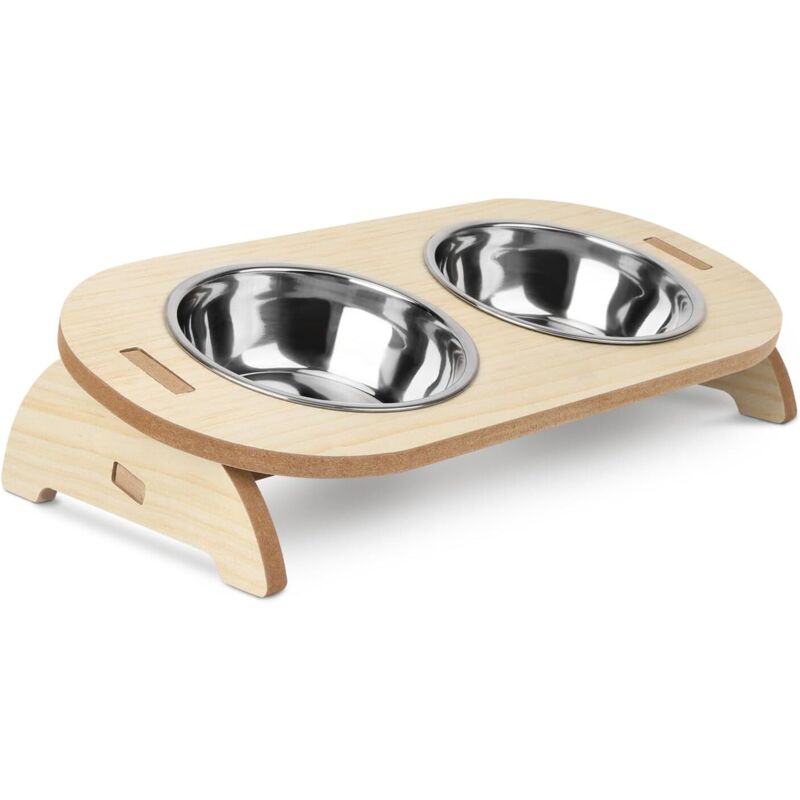 Erhöhte Katzennäpfe, um 15° geneigte Näpfe mit schrägem Ständer, 2 Edelstahl-Futter- und Wassernäpfe mit Holzständer für Katzen und Welpen