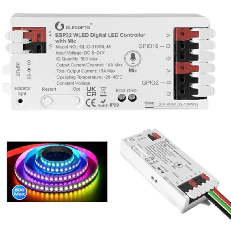 ESP32 WLED LED-Streifen-Controller mit Mikrofon, 5-24V, Musik-Dynamik-Modus, RGB-IC, DIY-Beleuchtung, App-Steuerung für LED-Streifen, kompatibel mit