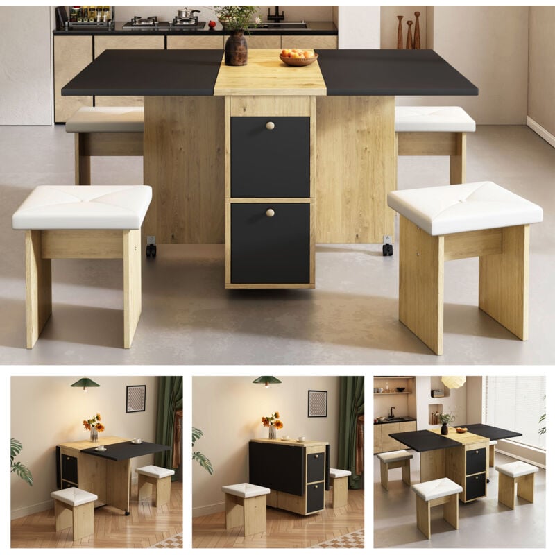 Esstisch-Set (mit Esstisch, 4 Stühlen), klappbarer Esstisch, 120 x 80 x 75 cm, ausziehbarer Esstisch, multifunktionaler ausziehbarer Esstisch,