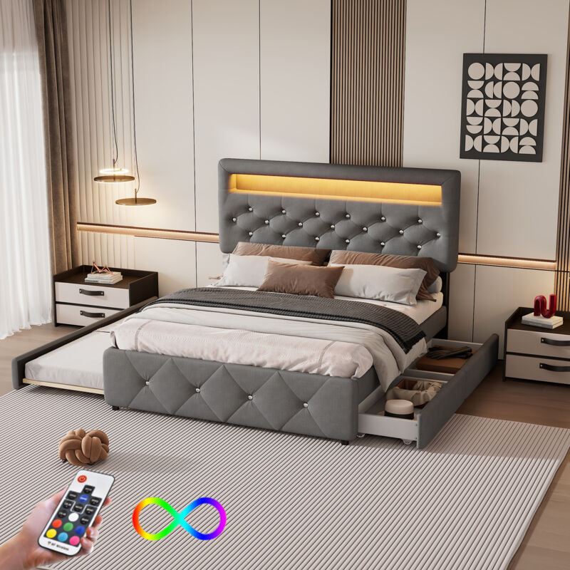 140200cm (90190cm) Polsterbett, Doppelbett, Podestbett, Polsterbett mit Bettauszug und 2 Schubladen, Nachttisch mit Lichtleiste, Grau