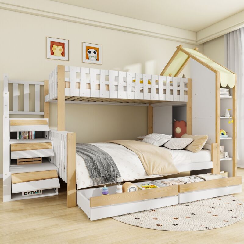 Etagenbett 90×200 cm und 140×200 cm, Bett 3 Plätze mit Aufbewahrungsleiter, 4 Schubladen und Schutzgitter, ohne Matratze, Weiß Natur