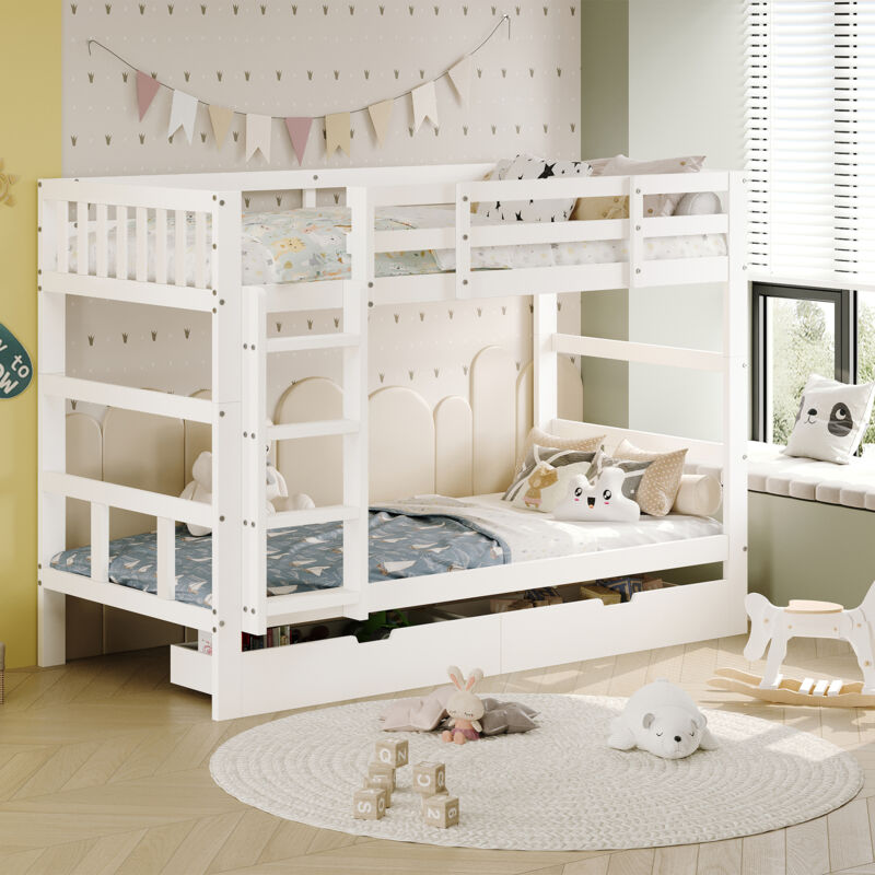 Etagenbett 90x200 cm, Kinderbett mit 2 Schubladen, herausnehmbarem Lattenrost, Doppelbett, Absturzsicherung, modernes Design, weiß